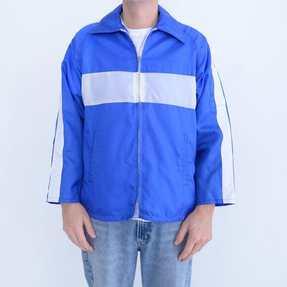 VTG '80S Promo-Wear Blue White Stripe 100% Nylon Windbreaker Zip Up Varsity Coat - Picture 1 of 8